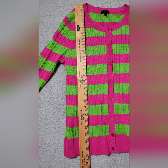 Talbots Petites Pink and Green Button up Long Sleeve Cotton Striped Sweater LP - Picture 5 of 7